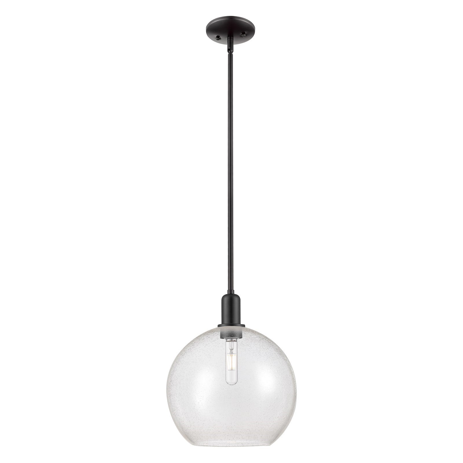 Innovations Athens 12in 1-Light Mini Pendant | Industrial Matte Black Steel and Seedy Glass | Kitchen Island & Dining Room | Model 716-1S-BK-G124-12
