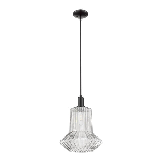 Innovations Springwater 12in 1-Light Mini Pendant | Industrial Matte Black Steel and Clear Fluted Glass | Kitchen Island & Dining | Model 716-1S-BK-G212