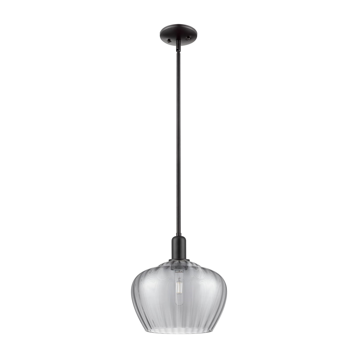 Innovations Fenton 11in 1-Light Mini Pendant | Industrial Matte Black Steel and Light Smoke Ribbed Glass | Kitchen Island & Dining | Model 716-1S-BK-G93-L