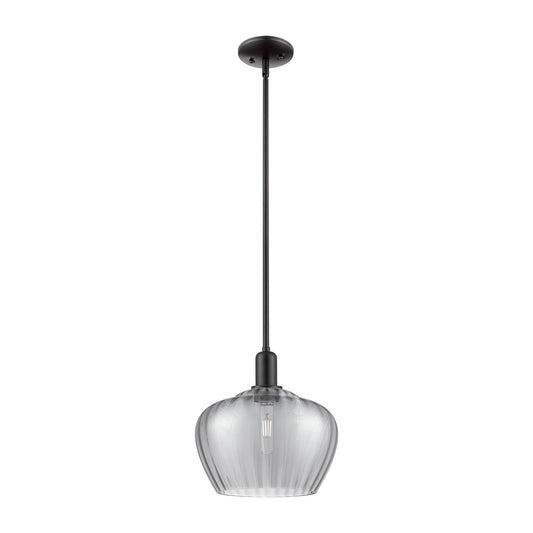 Innovations Fenton 11in 1-Light Mini Pendant | Industrial Matte Black Steel and Light Smoke Ribbed Glass | Kitchen Island & Dining | Model 716-1S-BK-G93-L