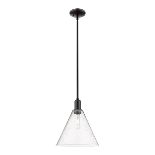 Innovations Berkshire Glass 12in 1-Light Mini Pendant | Industrial Matte Black Steel and Seedy Glass | Kitchen Island & Dining | Model 716-1S-BK-GBC-124