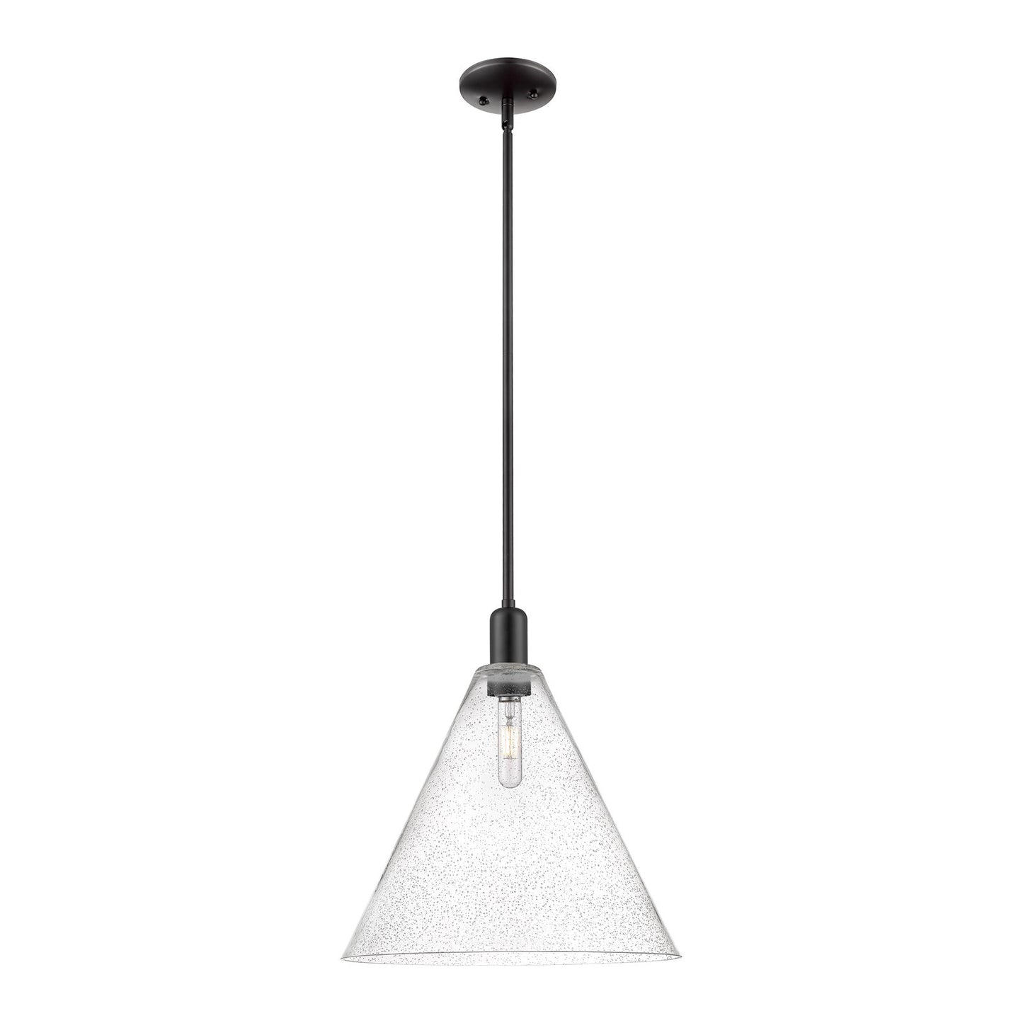 Innovations Berkshire Glass 16in 1-Light Mini Pendant | Industrial Matte Black Steel and Seedy Glass | Kitchen Island & Dining | Model 716-1S-BK-GBC-164