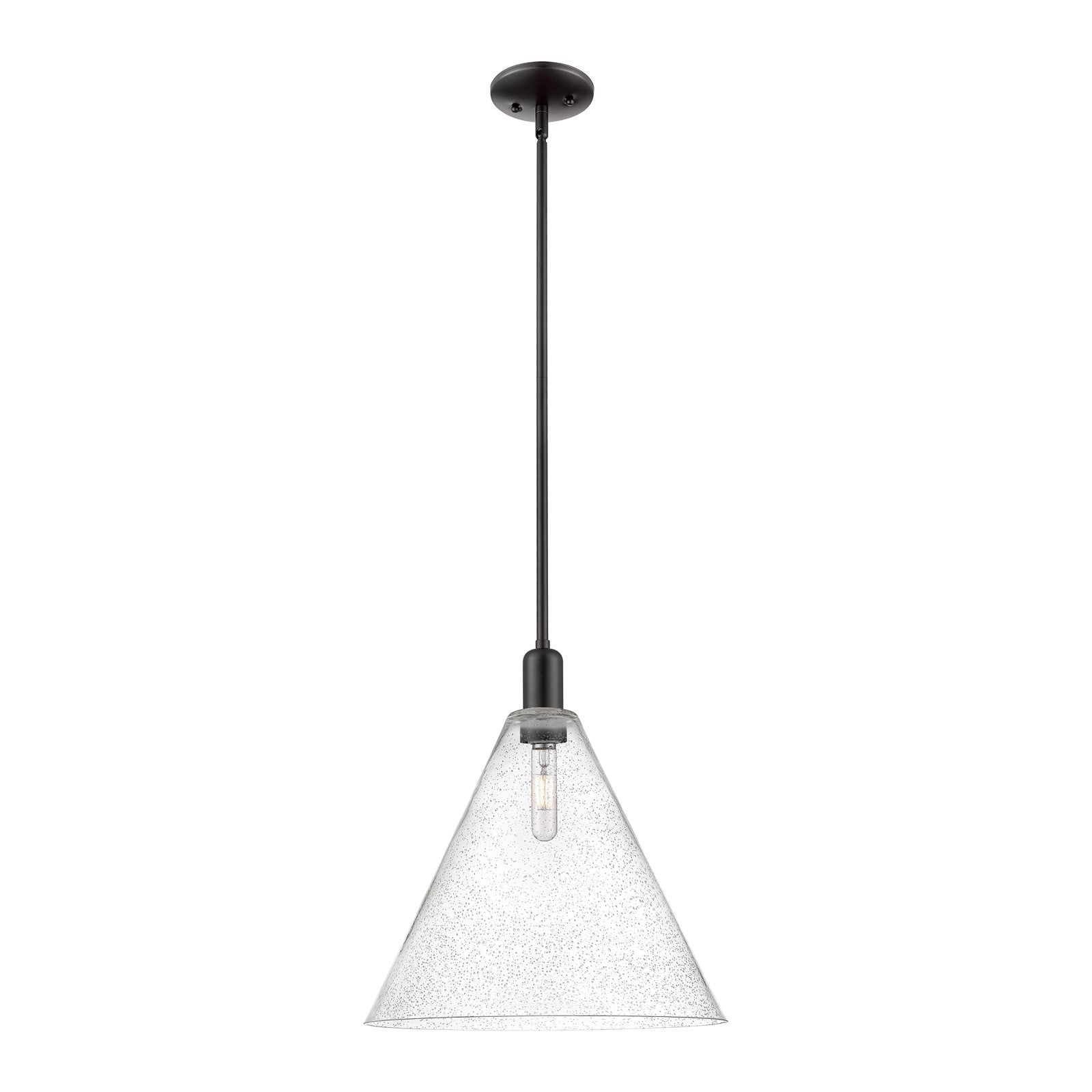 Innovations Berkshire Glass 16in 1-Light Mini Pendant | Industrial Matte Black Steel and Seedy Glass | Kitchen Island & Dining | Model 716-1S-BK-GBC-164
