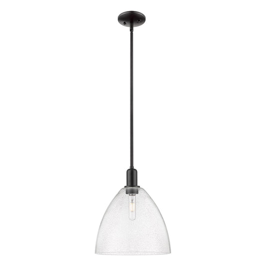 Innovations Bristol 12in 1-Light Mini Pendant | Industrial Matte Black Steel and Seedy Glass | Kitchen Island | 12 x 12 x 13.62 | Model 716-1S-BK-GBD-124