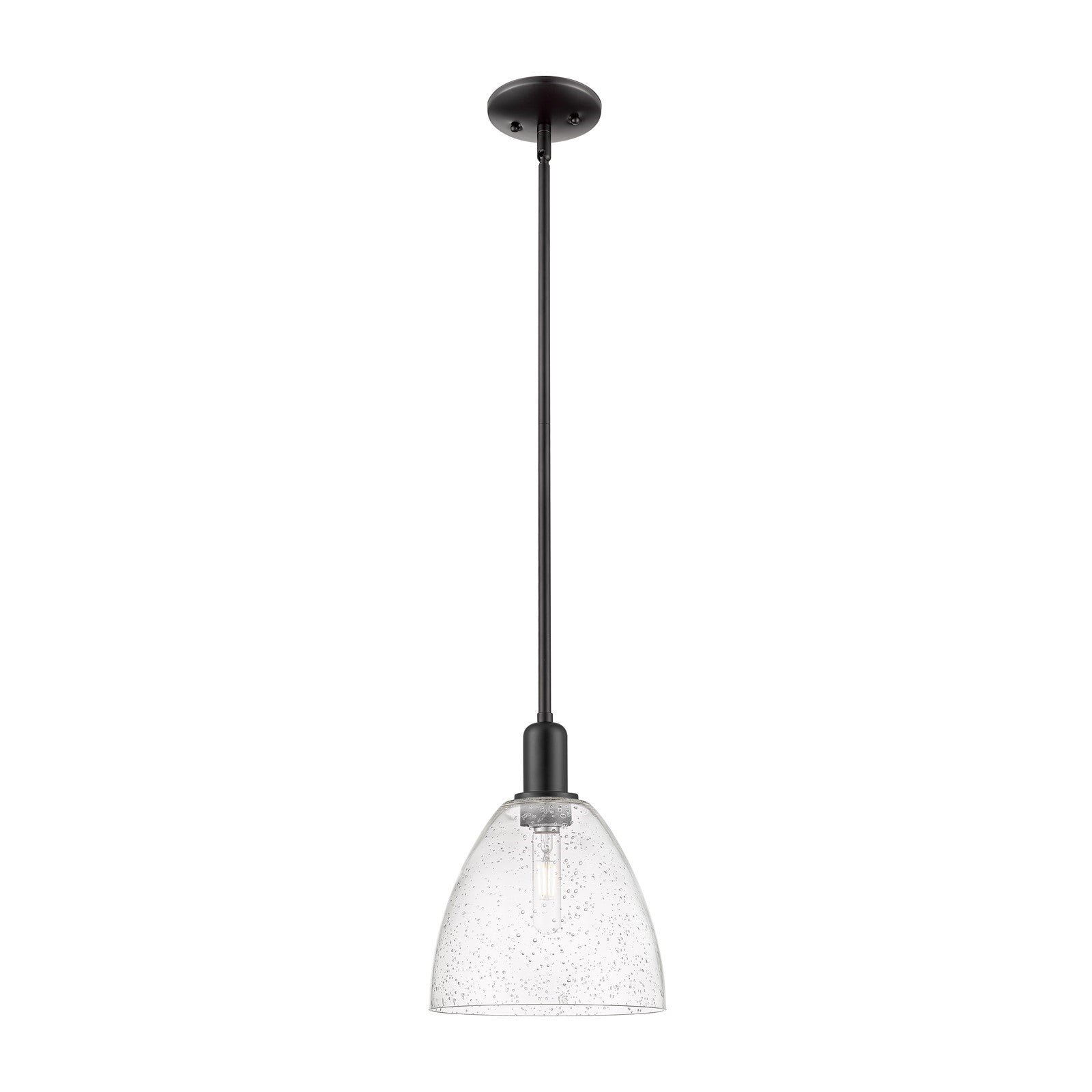 Innovations Bristol 9in 1-Light Mini Pendant | Industrial Matte Black Steel and Seedy Glass | Kitchen Island | 9 x 9 x 12 in | Model 716-1S-BK-GBD-94