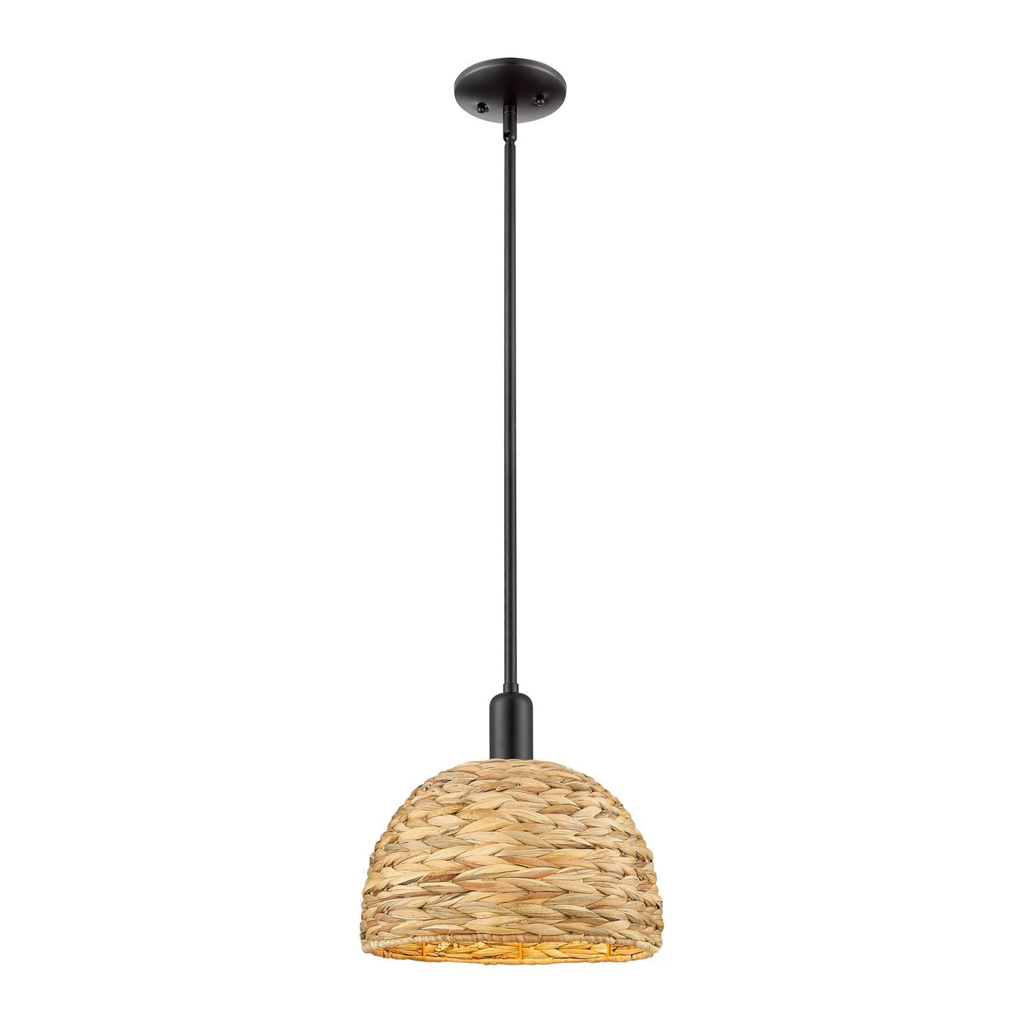 Innovations Woven Rattan 12in 1-Light Mini Pendant | Industrial Matte Black Steel and Natural Fiber Dome Shade | Kitchen | Model 716-1S-BK-RBD-12-NAT