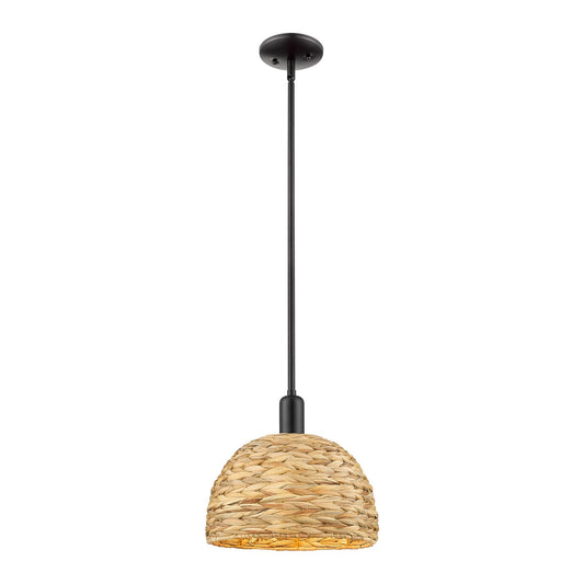 Innovations Woven Rattan 12in 1-Light Mini Pendant | Industrial Matte Black Steel and Natural Fiber Dome Shade | Kitchen | Model 716-1S-BK-RBD-12-NAT