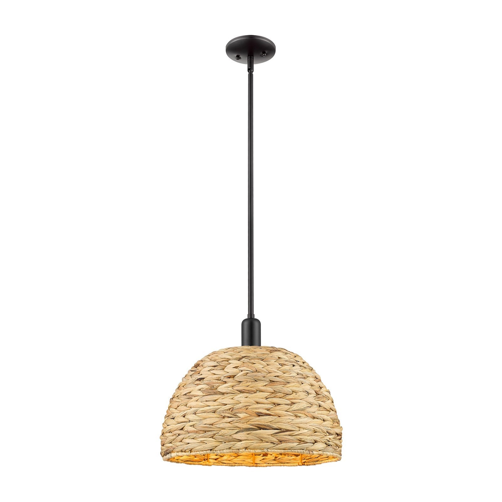 Innovations Woven Rattan 16in 1-Light Mini Pendant | Industrial Matte Black Steel and Natural Fiber Dome Shade | Kitchen | Model 716-1S-BK-RBD-16-NAT