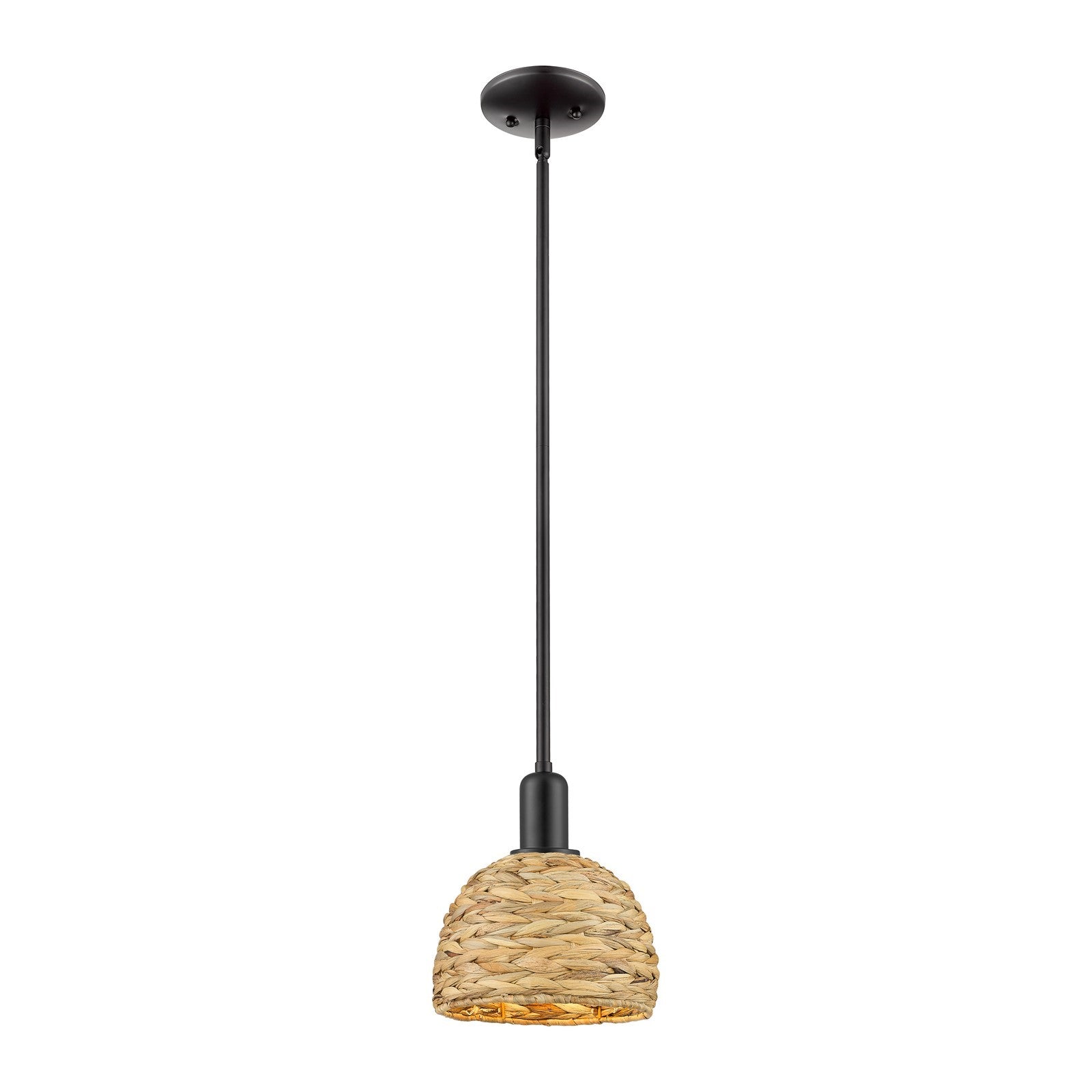 Innovations Woven Rattan 8in 1-Light Mini Pendant | Rustic Farmhouse Matte Black Steel and Natural Woven Rattan Shade | Model 716-1S-BK-RBD-8-NAT