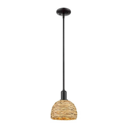 Innovations Woven Rattan 8in 1-Light Mini Pendant | Rustic Farmhouse Matte Black Steel and Natural Woven Rattan Shade | Model 716-1S-BK-RBD-8-NAT