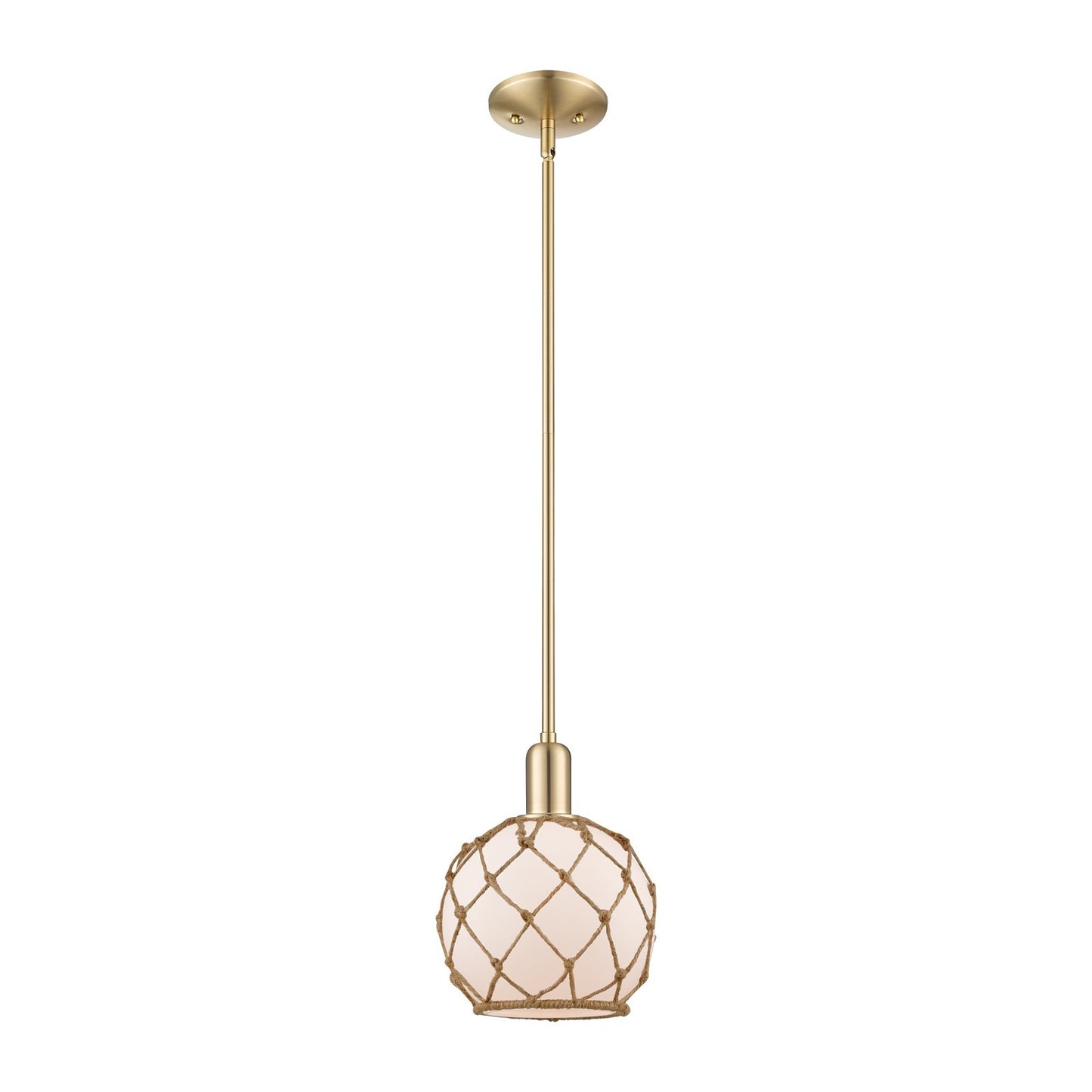 Innovations Farmhouse Rope 8in 1-Light Mini Pendant | Industrial Champagne Bronze Steel and White Frosted Glass with Brown Rope | Model 716-1S-CB-G121-8RB