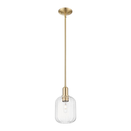Innovations Preston Cylinder 6.75in 1-Light Mini Pendant | Industrial Champagne Bronze Steel and Clear Glass | Kitchen Island & | Model 716-1S-CB-G460-7CL