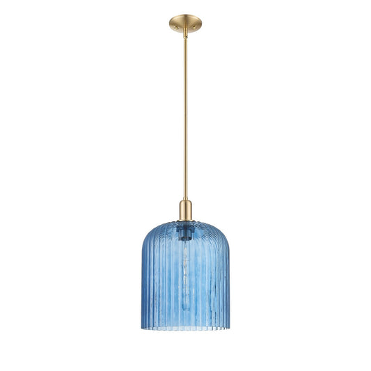 Innovations Bridal Veil 12in 1-Light Mini Pendant | Industrial Champagne Bronze Steel and Blue Ribbed Glass | Kitchen Island & | Model 716-1S-CB-G559-12BL