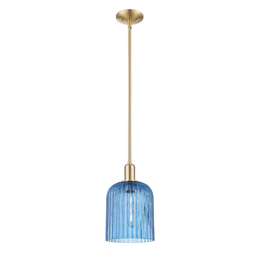 Innovations Bridal Veil 8in 1-Light Mini Pendant | Industrial Champagne Bronze Steel and Princess Blue Ribbed Glass | Kitchen | Model 716-1S-CB-G559-8BL
