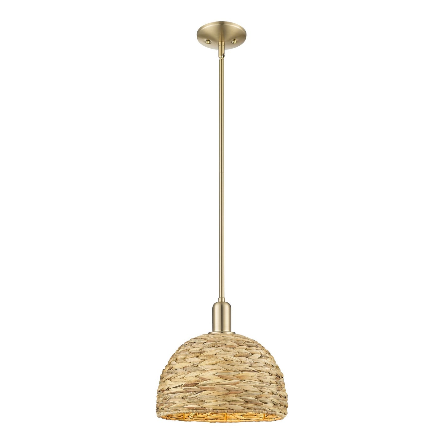 Innovations Woven Rattan 12in 1-Light Mini Pendant | Industrial Champagne Bronze Steel and Natural Fiber Dome Shade | Kitchen | Model 716-1S-CB-RBD-12-NAT