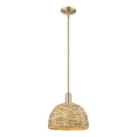 Innovations Woven Rattan 12in 1-Light Mini Pendant | Industrial Champagne Bronze Steel and Natural Fiber Dome Shade | Kitchen | Model 716-1S-CB-RBD-12-NAT