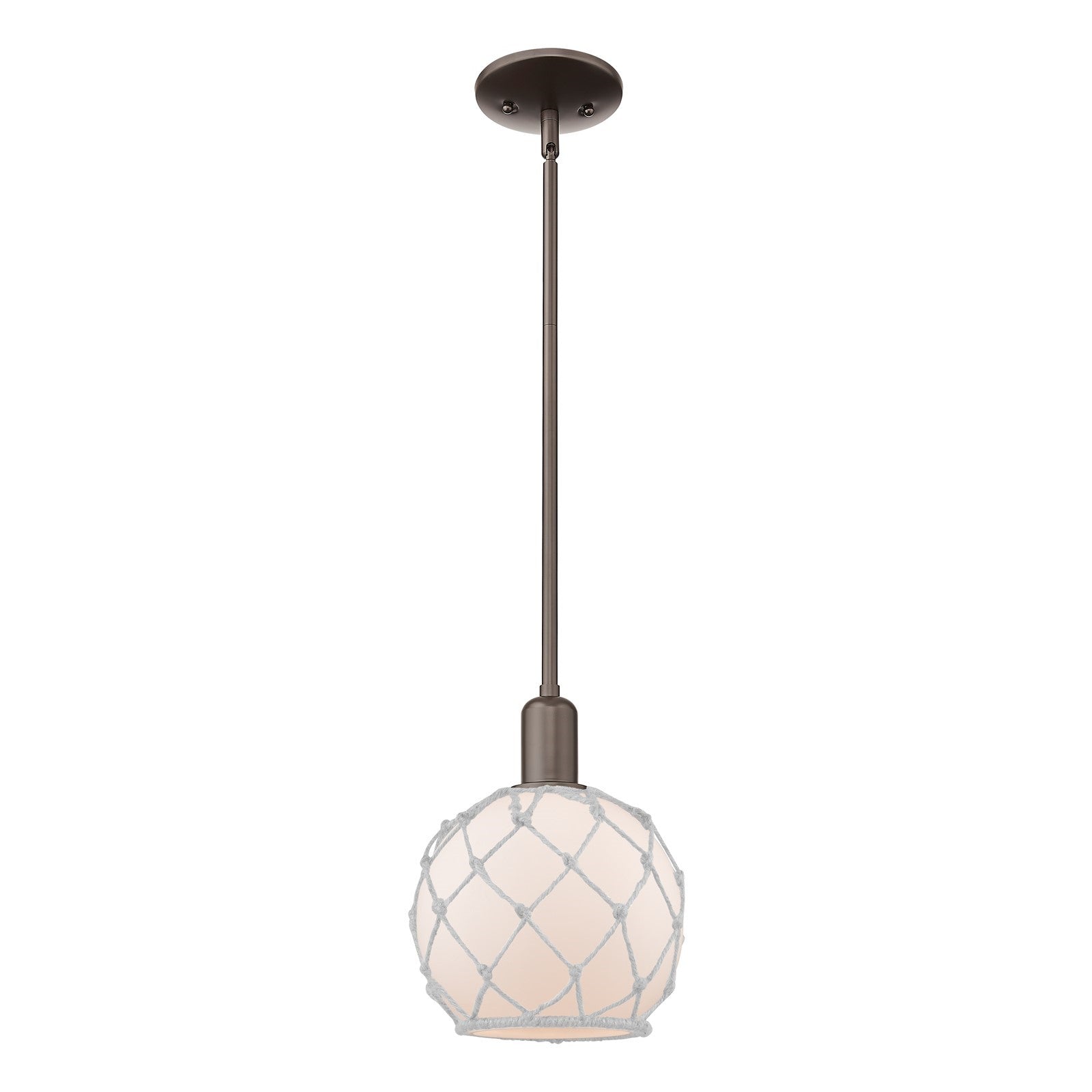 Innovations Farmhouse Rope 8in 1-Light Mini Pendant | Industrial Oil Rubbed Bronze Steel and White Frosted Glass with Rope | Model 716-1S-OB-G121-8RW