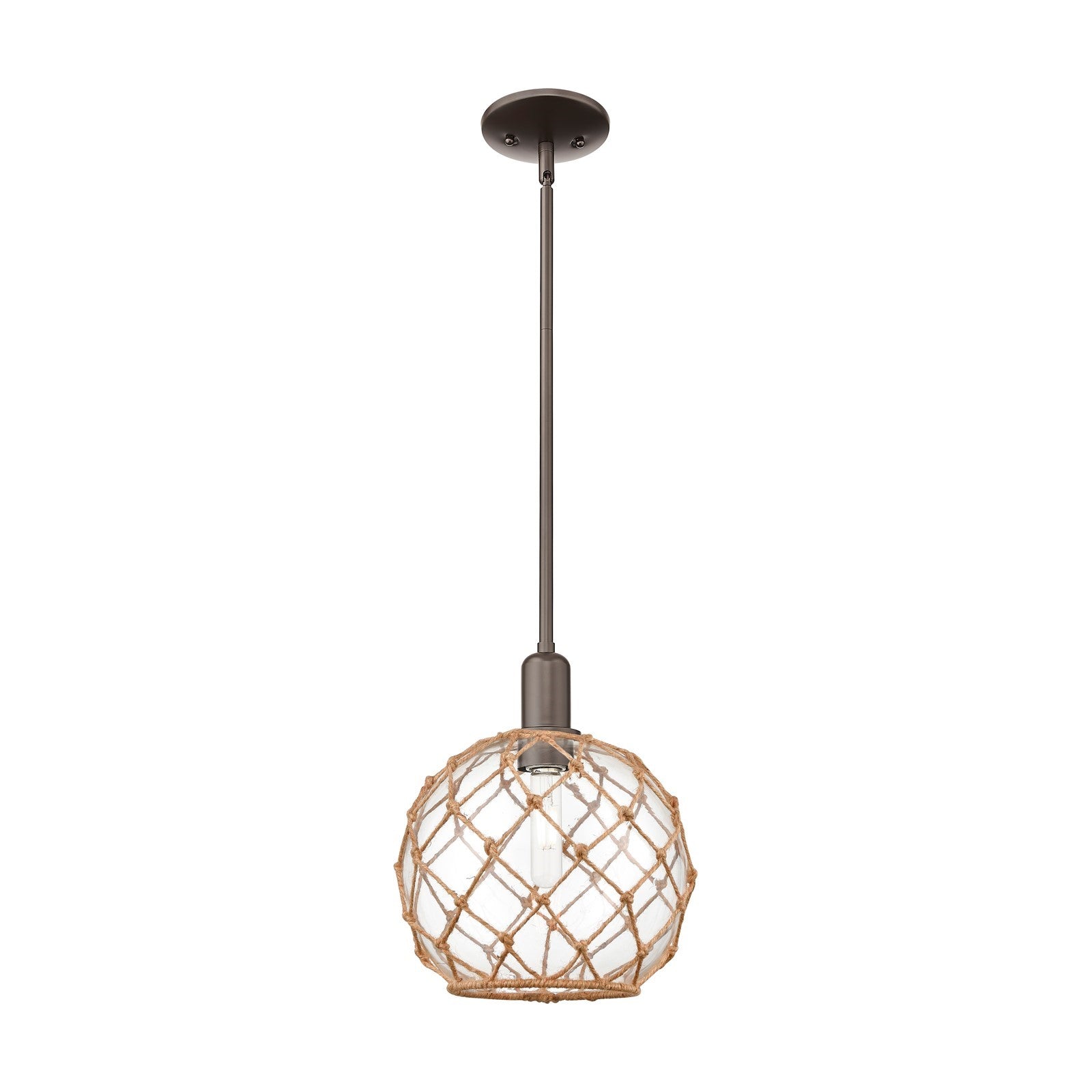 Innovations Farmhouse Rope 10in 1-Light Mini Pendant | Industrial Oil Rubbed Bronze Steel and Clear Glass with Brown Rope | Model 716-1S-OB-G122-10RB