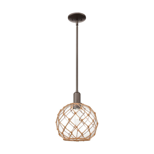 Innovations Farmhouse Rope 10in 1-Light Mini Pendant | Industrial Oil Rubbed Bronze Steel and Clear Glass with Brown Rope | Model 716-1S-OB-G122-10RB