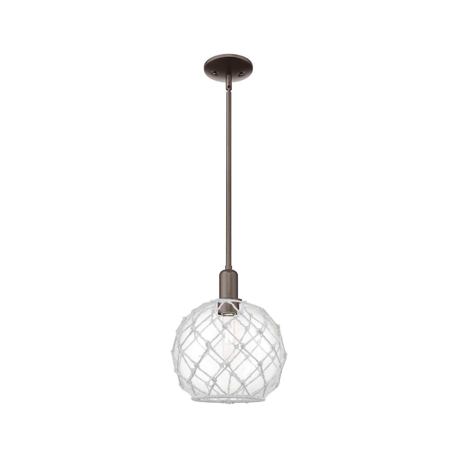 Innovations Farmhouse Rope 10in 1-Light Mini Pendant | Industrial Oil Rubbed Bronze Steel and Clear Glass with White Rope | Model 716-1S-OB-G122-10RW