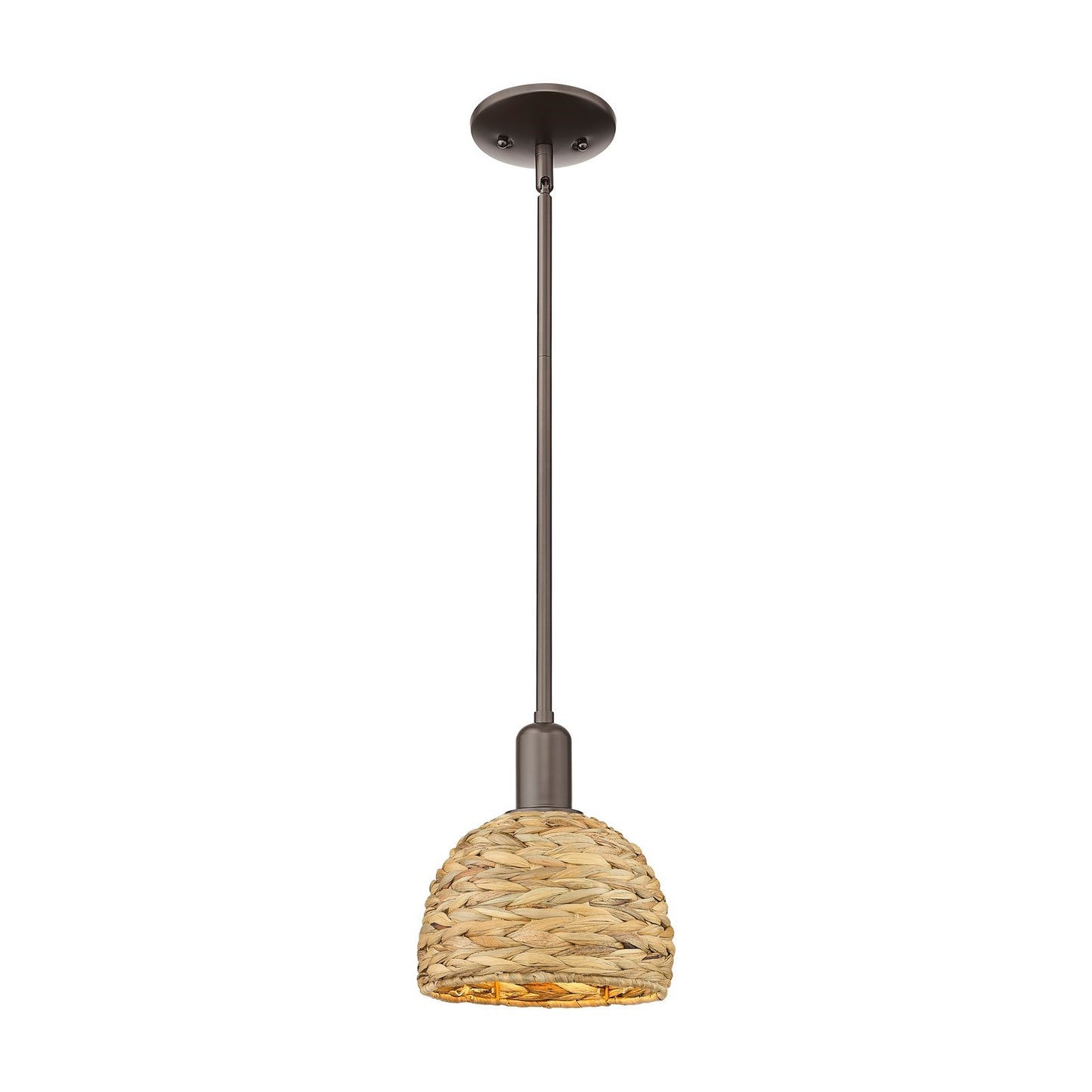 Innovations Woven Rattan 8in 1-Light Mini Pendant | Rustic Farmhouse Oil Rubbed Bronze Steel and Natural Woven Rattan Shade | Model 716-1S-OB-RBD-8-NAT