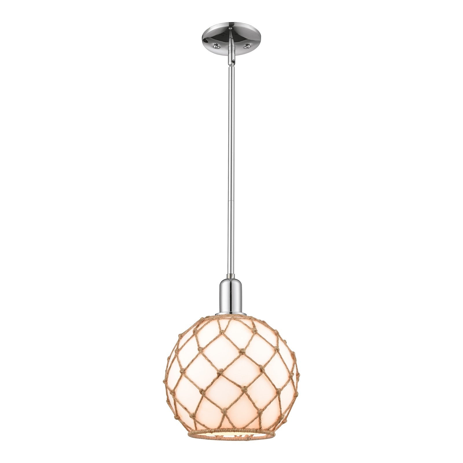 Innovations Farmhouse Rope 10in 1-Light Mini Pendant | Industrial Polished Chrome and Matte White Glass with Brown Rope | Model 716-1S-PC-G121-10RB