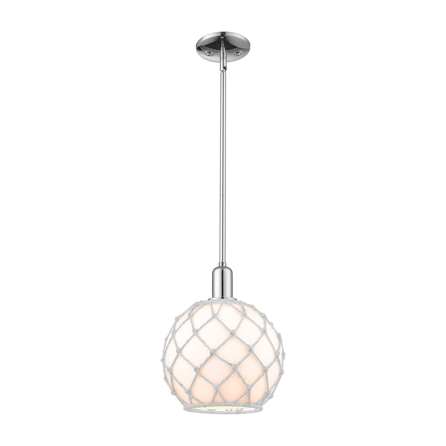 Innovations Farmhouse Rope 10in 1-Light Mini Pendant | Industrial Polished Chrome Steel and White Glass with White Rope | Model 716-1S-PC-G121-10RW