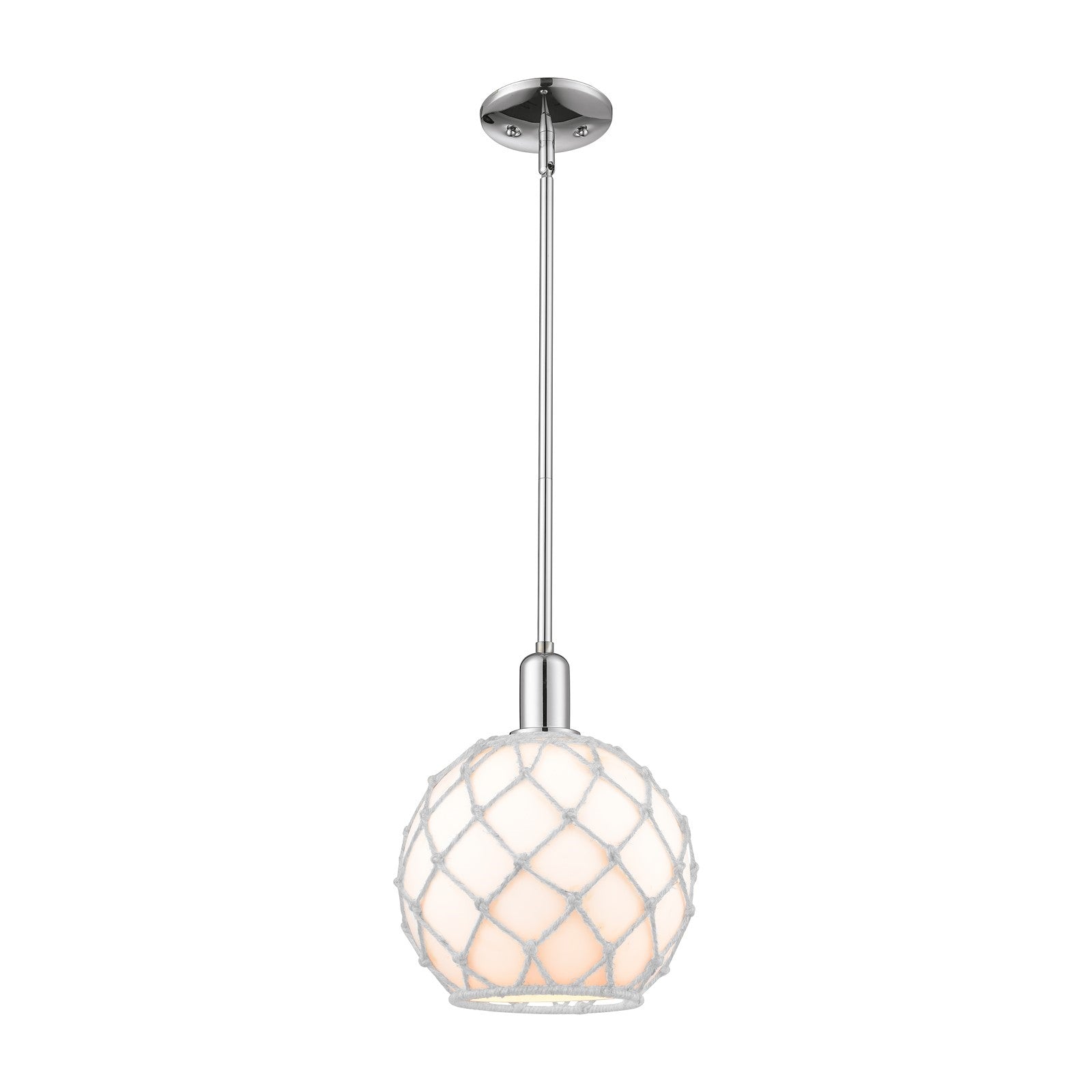 Innovations Farmhouse Rope 10in 1-Light Mini Pendant | Industrial Polished Chrome Steel and White Glass with White Rope | Model 716-1S-PC-G121-10RW