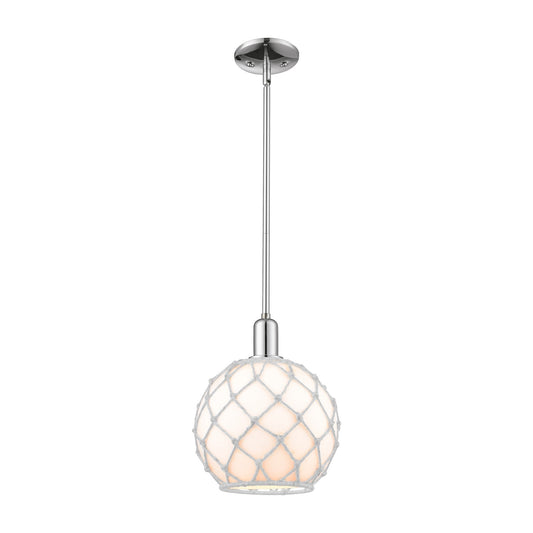 Innovations Farmhouse Rope 10in 1-Light Mini Pendant | Industrial Polished Chrome Steel and White Glass with White Rope | Model 716-1S-PC-G121-10RW