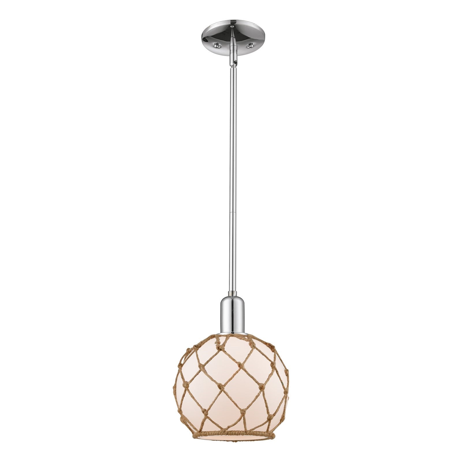 Innovations Farmhouse Rope 8in 1-Light Mini Pendant | Industrial Polished Chrome and White Frosted Glass with Brown Rope | Model 716-1S-PC-G121-8RB