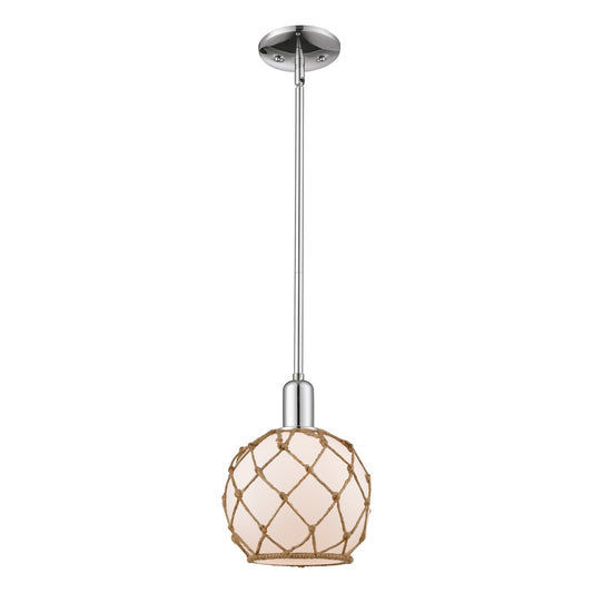 Innovations Farmhouse Rope 8in 1-Light Mini Pendant | Industrial Polished Chrome and White Frosted Glass with Brown Rope | Model 716-1S-PC-G121-8RB