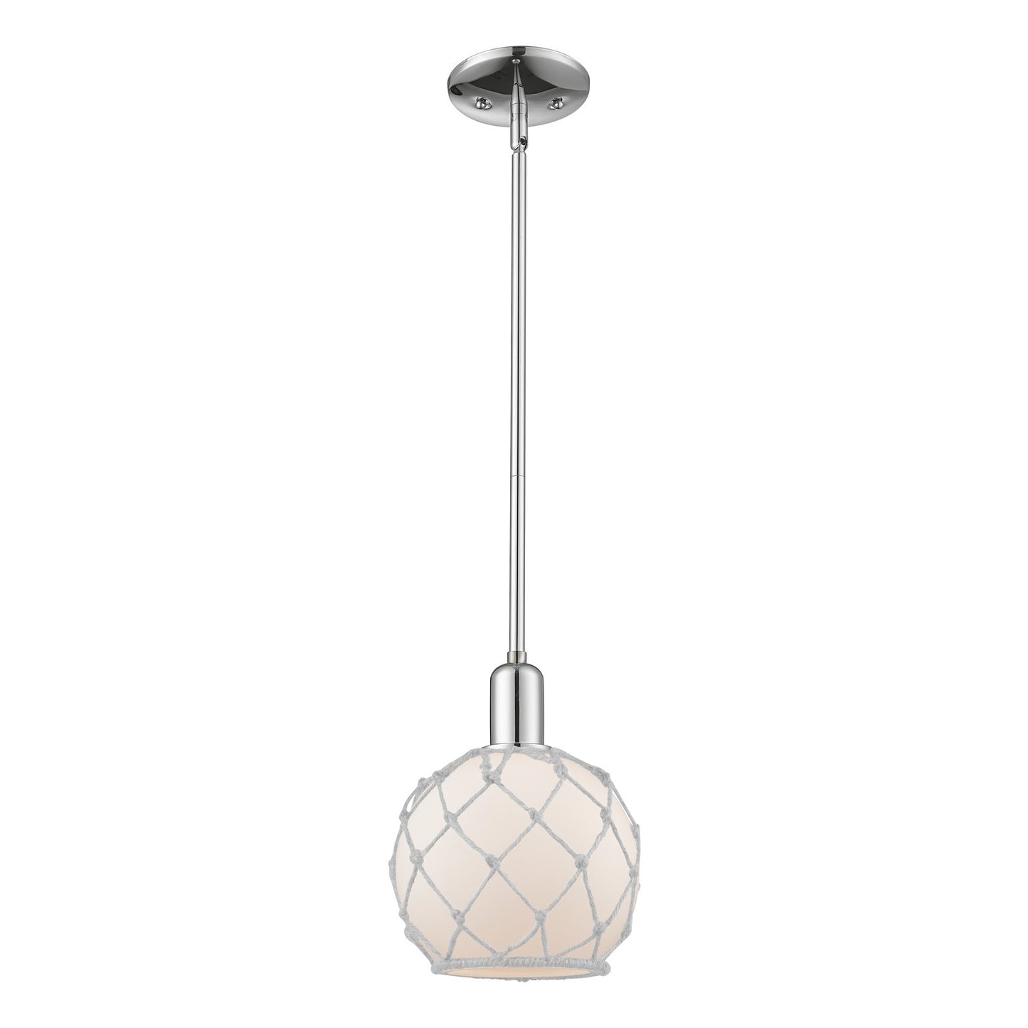 Innovations Farmhouse Rope 8in 1-Light Mini Pendant | Industrial Polished Chrome and White Glass with Rope | Kitchen Island & | Model 716-1S-PC-G121-8RW
