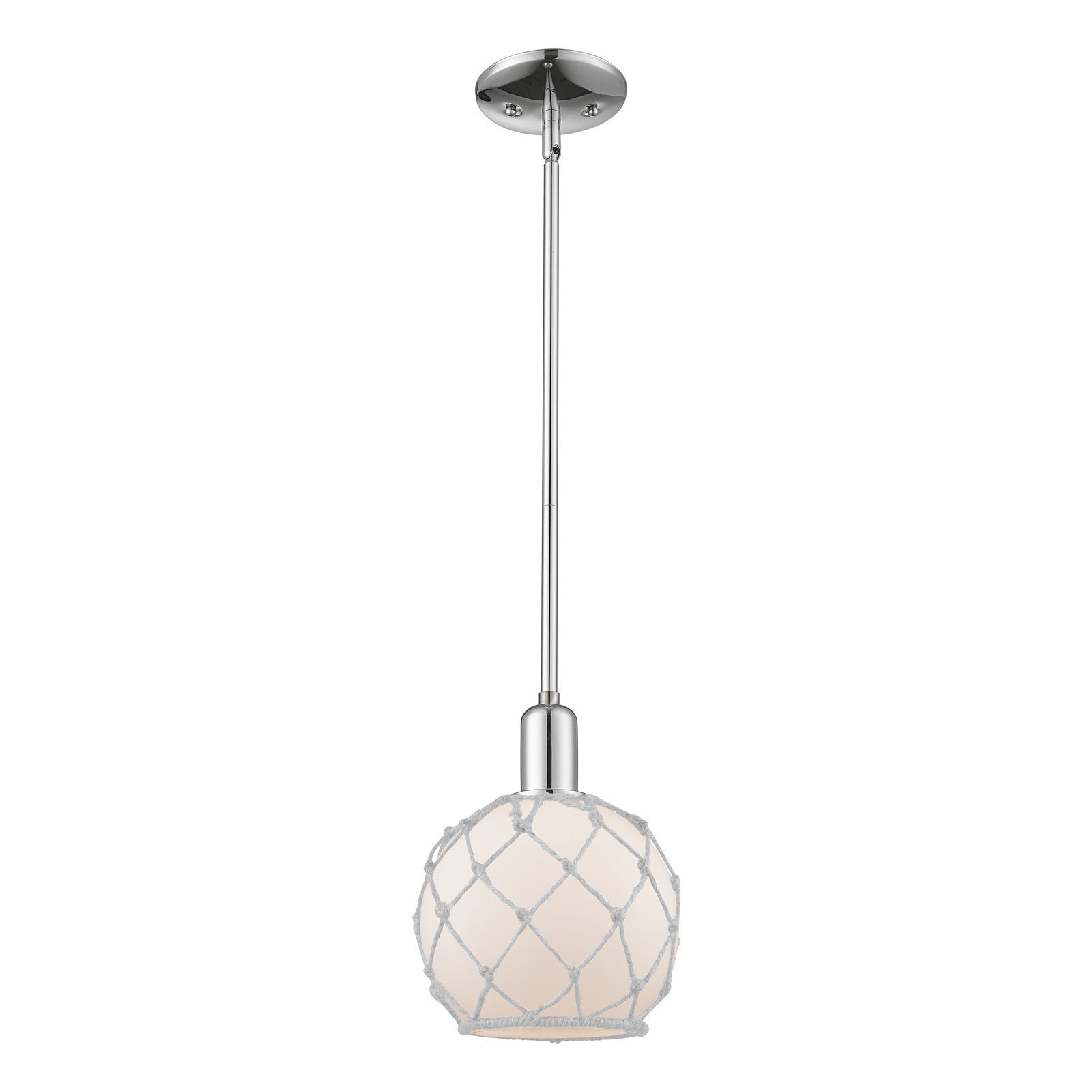 Innovations Farmhouse Rope 8in 1-Light Mini Pendant | Industrial Polished Chrome and White Glass with Rope | Kitchen Island & | Model 716-1S-PC-G121-8RW