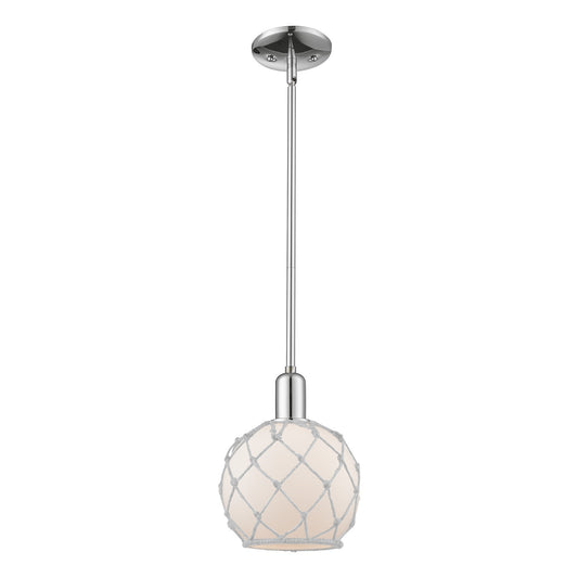 Innovations Farmhouse Rope 8in 1-Light Mini Pendant | Industrial Polished Chrome and White Glass with Rope | Kitchen Island & | Model 716-1S-PC-G121-8RW