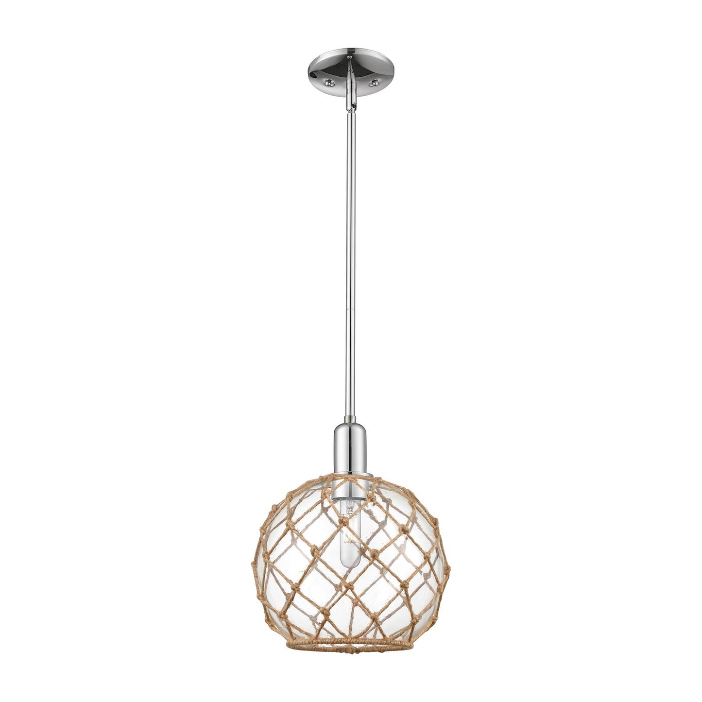Innovations Farmhouse Rope 10in 1-Light Mini Pendant | Industrial Polished Chrome Steel and Clear Glass with Brown Rope | Model 716-1S-PC-G122-10RB