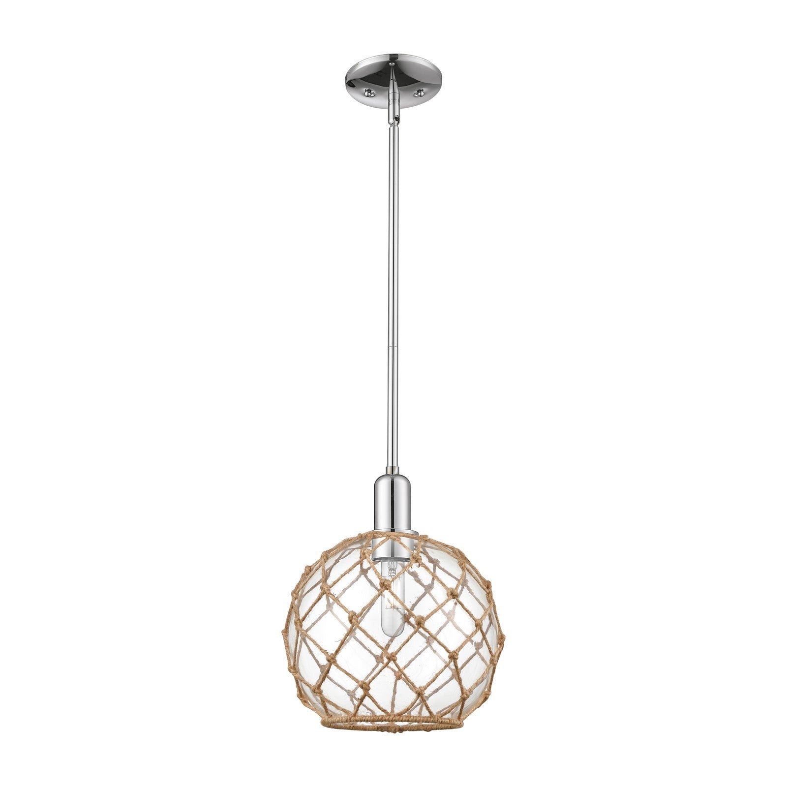 Innovations Farmhouse Rope 10in 1-Light Mini Pendant | Industrial Polished Chrome Steel and Clear Glass with Brown Rope | Model 716-1S-PC-G122-10RB