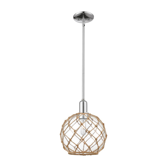 Innovations Farmhouse Rope 10in 1-Light Mini Pendant | Industrial Polished Chrome Steel and Clear Glass with Brown Rope | Model 716-1S-PC-G122-10RB