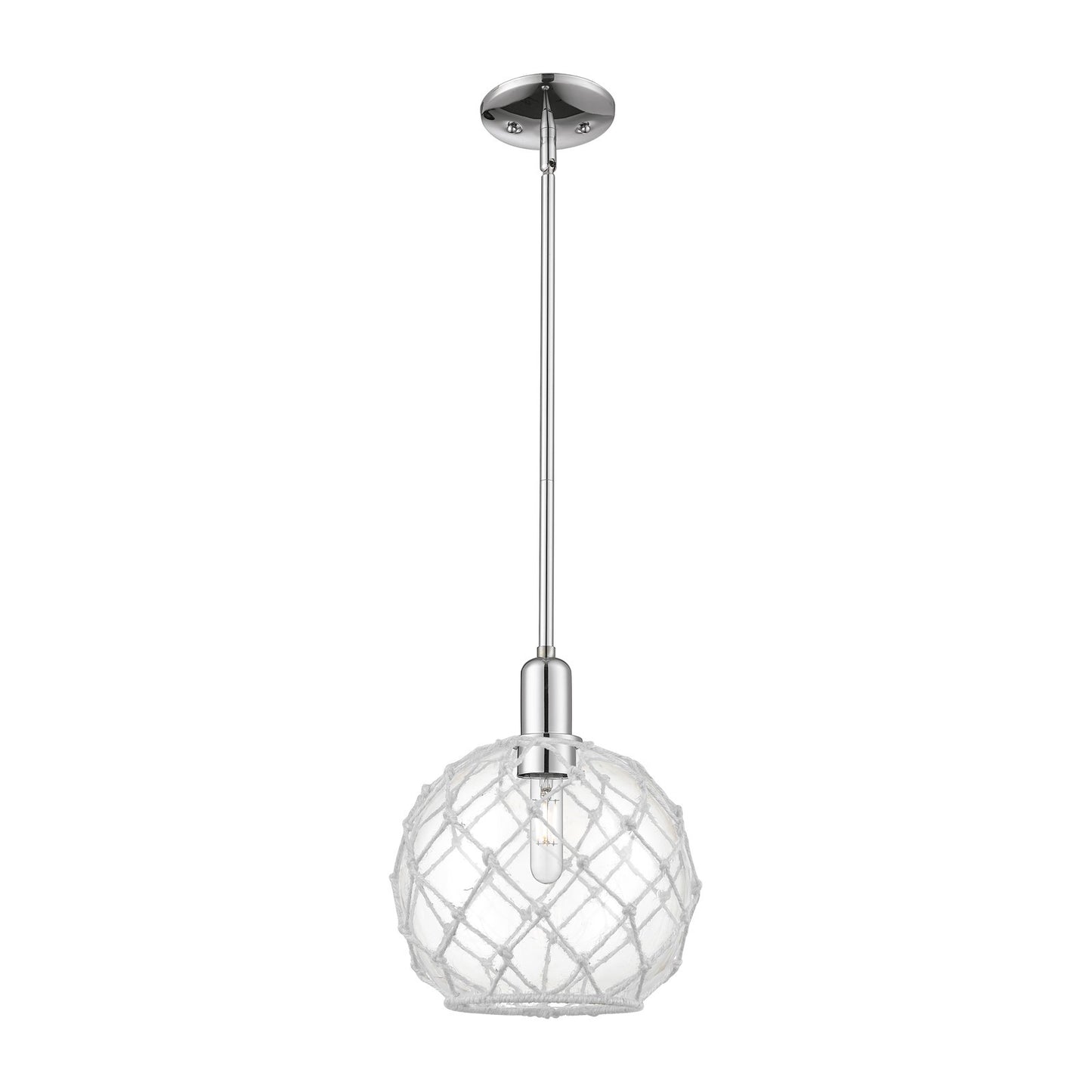 Innovations Farmhouse Rope 10in 1-Light Mini Pendant | Industrial Polished Chrome Steel and Clear Glass with White Rope | Model 716-1S-PC-G122-10RW