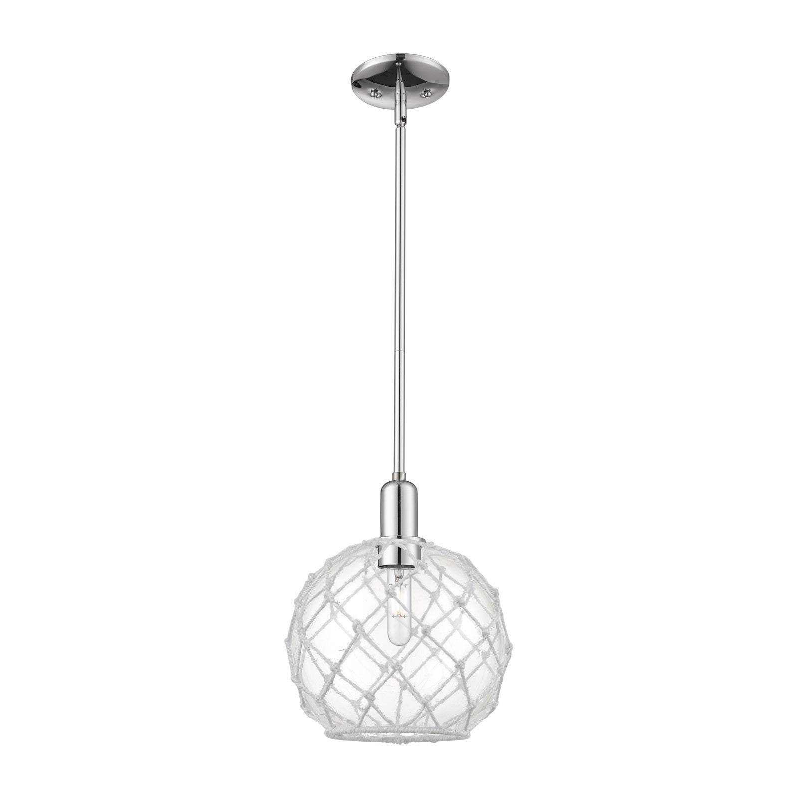 Innovations Farmhouse Rope 10in 1-Light Mini Pendant | Industrial Polished Chrome Steel and Clear Glass with White Rope | Model 716-1S-PC-G122-10RW