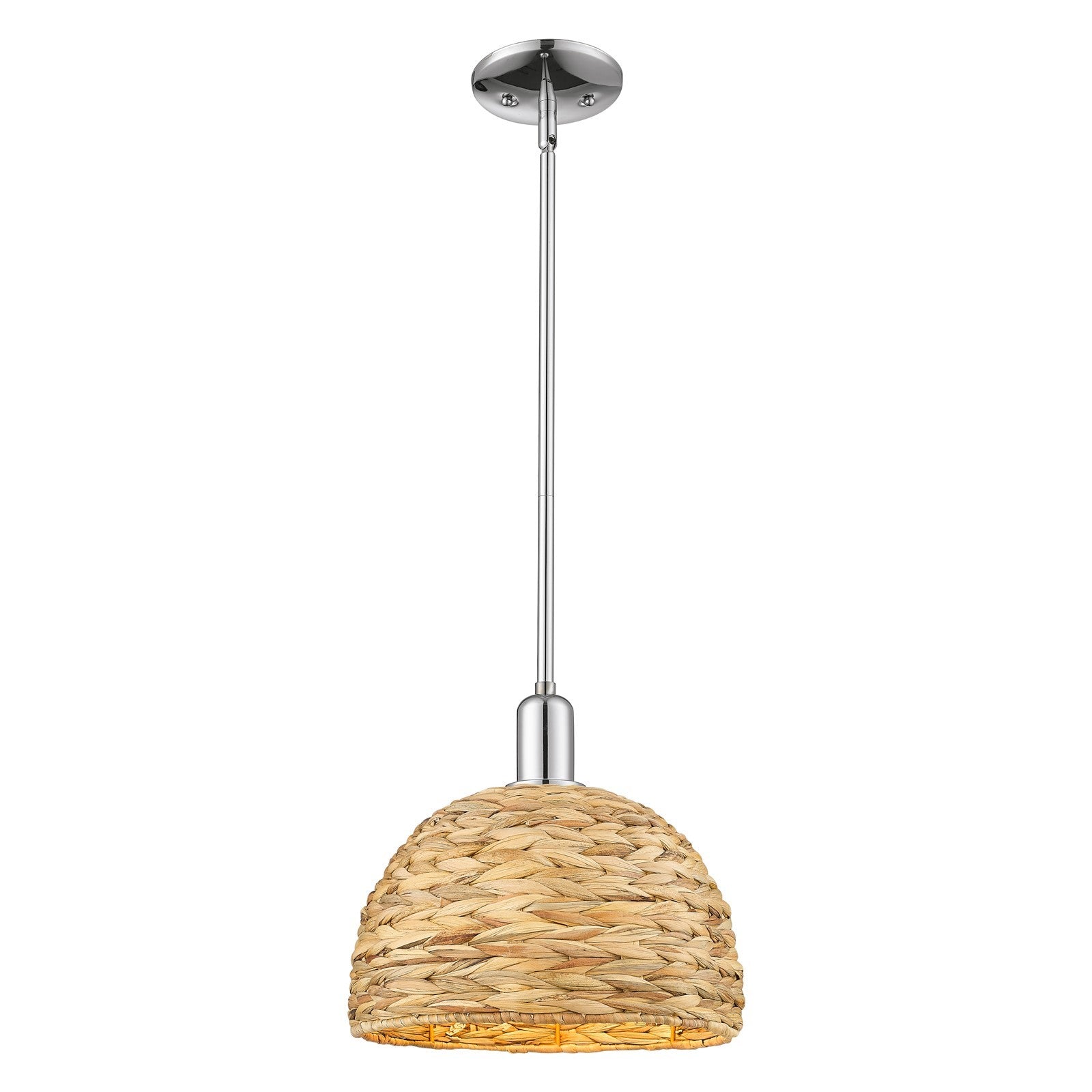 Innovations Arcadia 12in 1-Light Mini Pendant | Industrial Polished Chrome Steel and Natural Rattan Shade | Kitchen Island & | Model 716-1S-PC-RBD-12-NAT