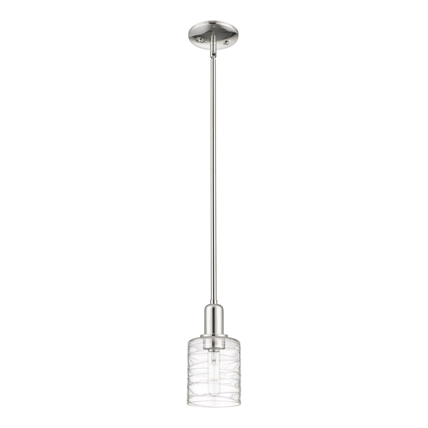 Innovations Cobbleskill 5in 1-Light Mini Pendant | Industrial Polished Nickel Steel and Deco Swirl Clear Glass | Kitchen Island & | Model 716-1S-PN-G1113