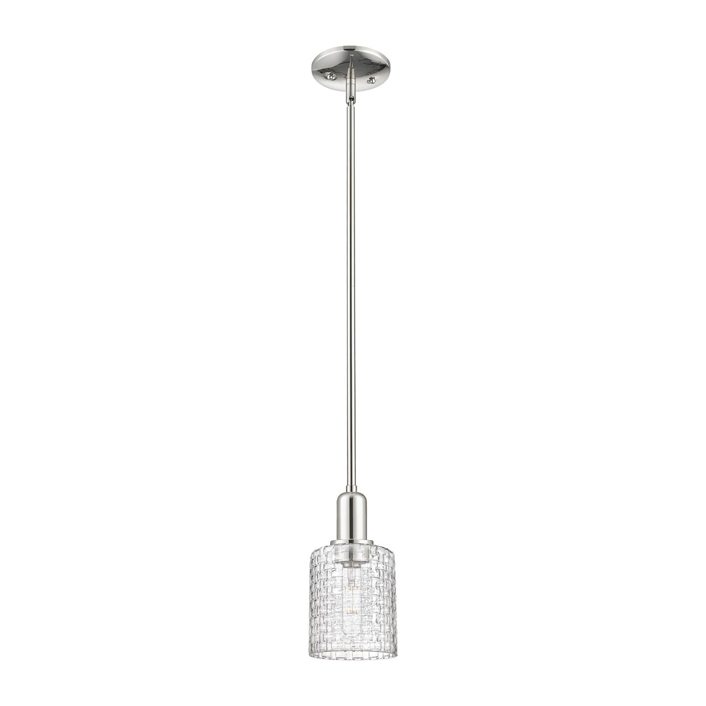 Innovations Cobbleskill 5in 1-Light Mini Pendant | Industrial Polished Nickel Steel and Clear Basket Weave Glass | Kitchen | Model 716-1S-PN-G112C-5CL