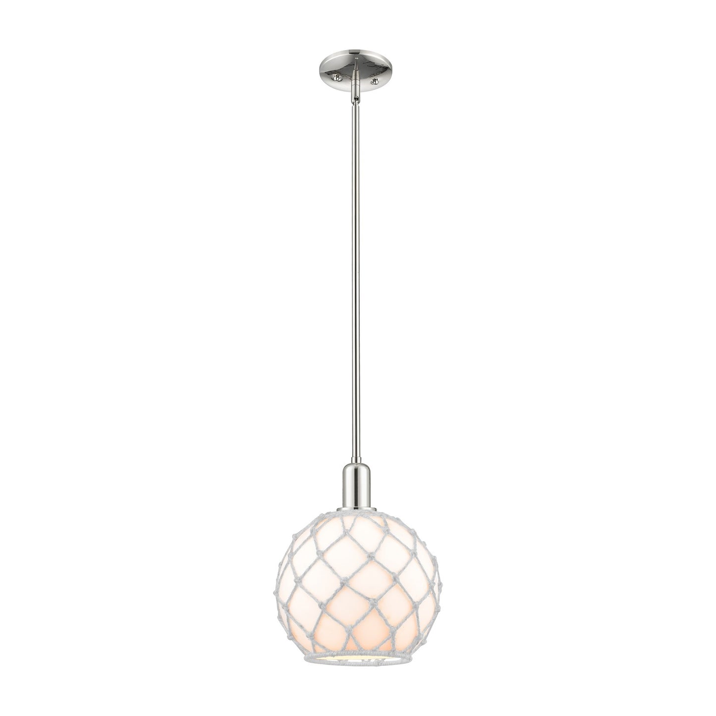 Innovations Farmhouse Rope 10in 1-Light Mini Pendant | Industrial Polished Nickel and Matte White Glass with Brown Rope | Model 716-1S-PN-G121-10RB
