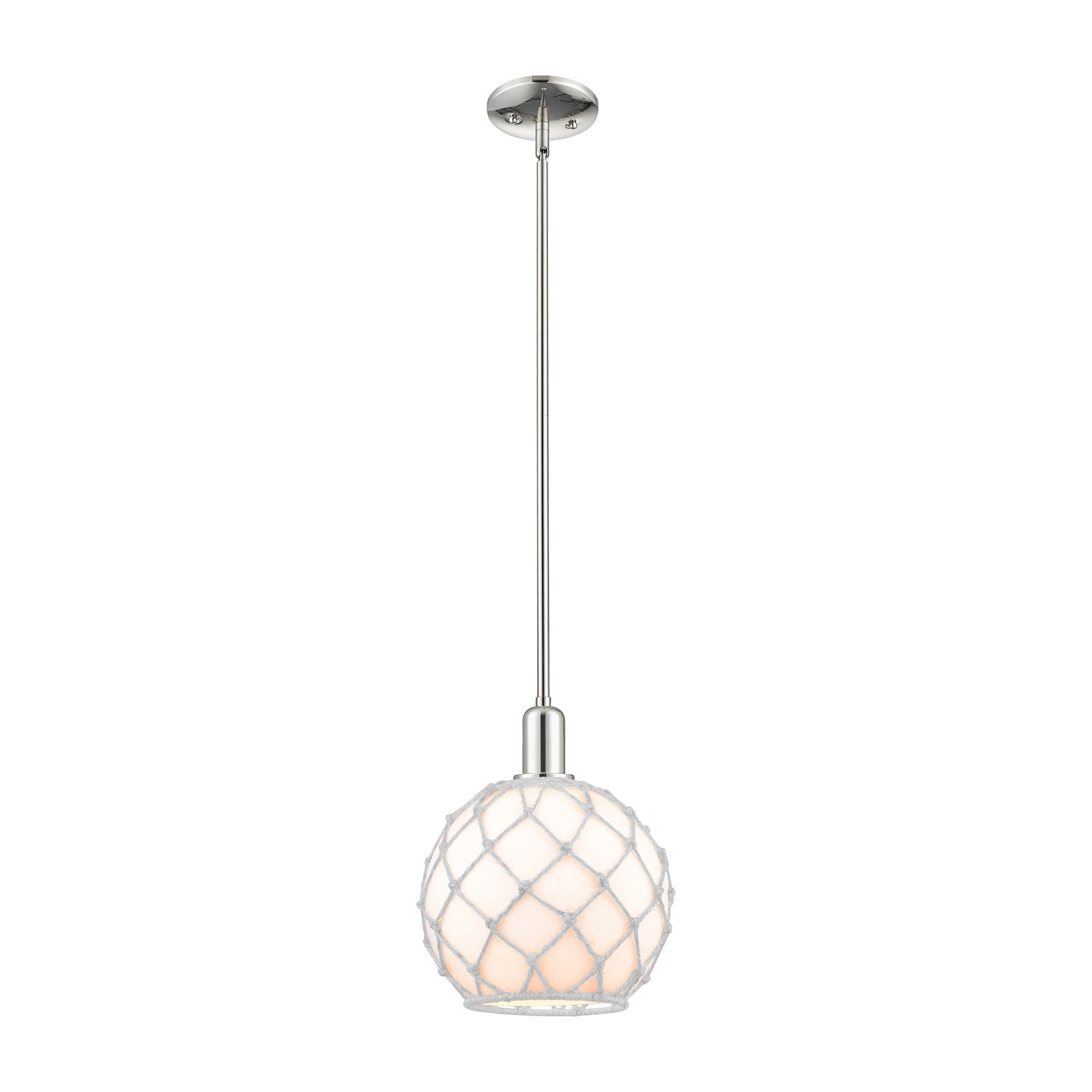 Innovations Farmhouse Rope 10in 1-Light Mini Pendant | Industrial Polished Nickel and Matte White Glass with Brown Rope | Model 716-1S-PN-G121-10RB