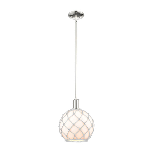 Innovations Farmhouse Rope 10in 1-Light Mini Pendant | Industrial Polished Nickel and Matte White Glass with Brown Rope | Model 716-1S-PN-G121-10RB