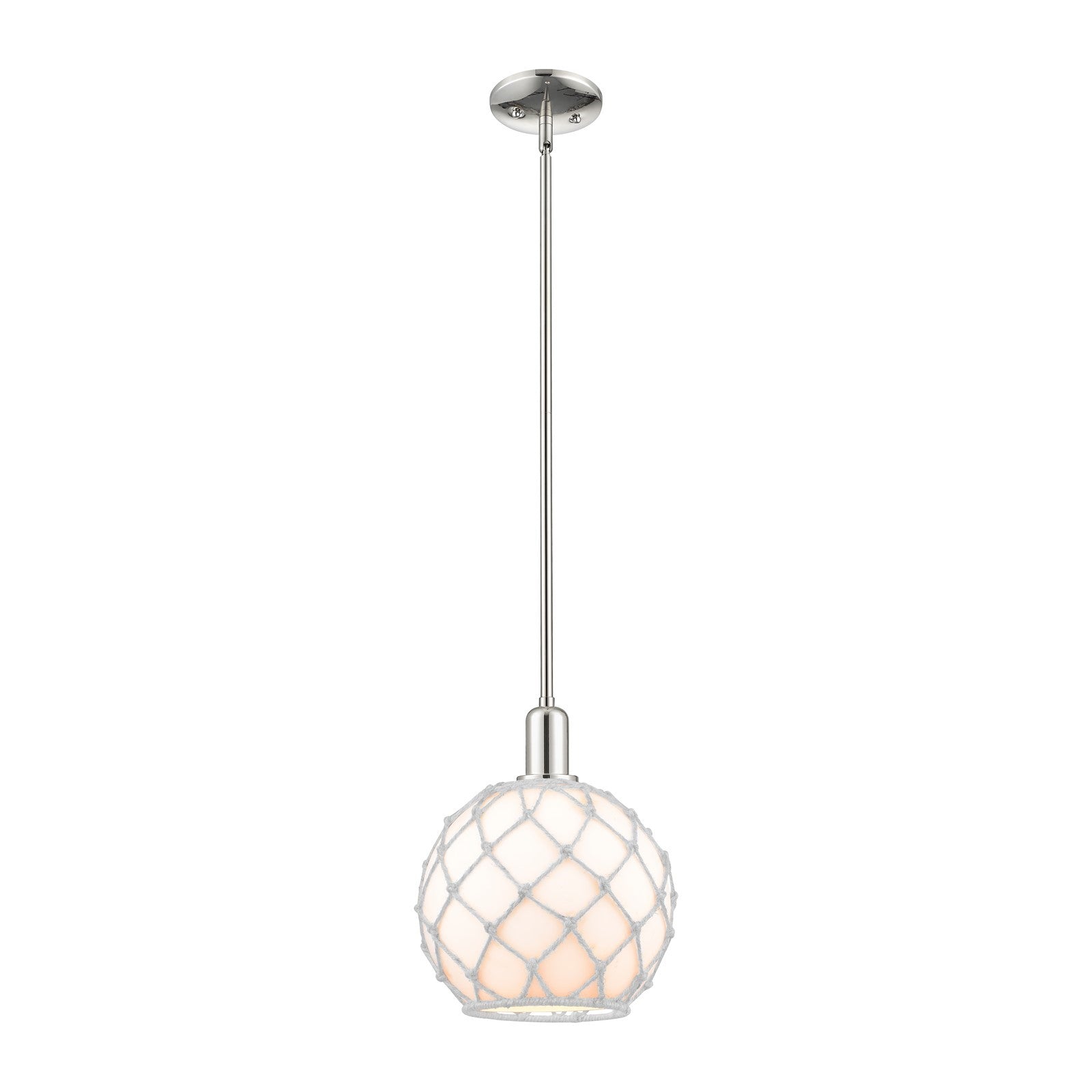 Innovations Farmhouse Rope 10in 1-Light Mini Pendant | Industrial Polished Nickel and White Glass with White Rope | Kitchen | Model 716-1S-PN-G121-10RW