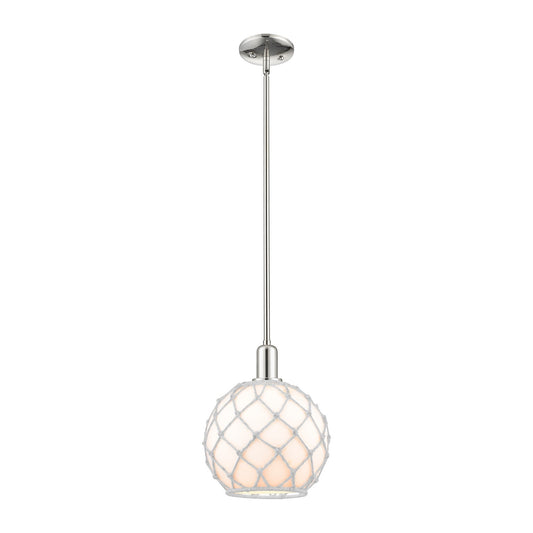 Innovations Farmhouse Rope 10in 1-Light Mini Pendant | Industrial Polished Nickel and White Glass with White Rope | Kitchen | Model 716-1S-PN-G121-10RW