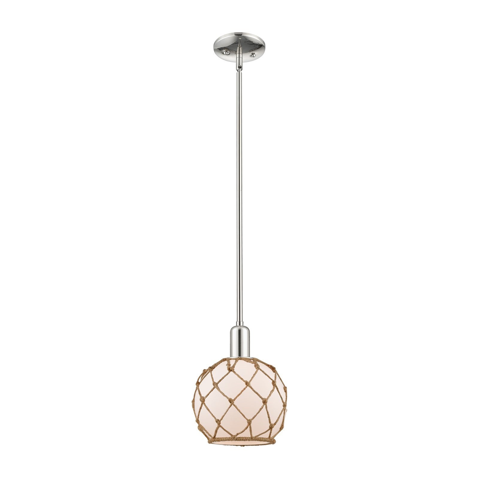 Innovations Farmhouse Rope 8in 1-Light Mini Pendant | Industrial Polished Nickel and White Glass with Brown Rope | Kitchen | Model 716-1S-PN-G121-8RB