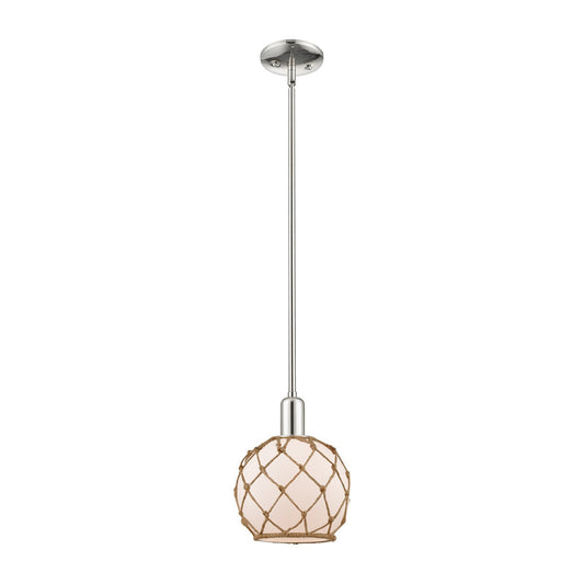 Innovations Farmhouse Rope 8in 1-Light Mini Pendant | Industrial Polished Nickel and White Glass with Brown Rope | Kitchen | Model 716-1S-PN-G121-8RB
