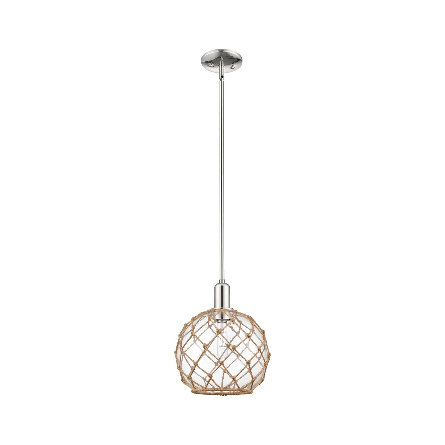 Innovations Farmhouse Rope 10in 1-Light Mini Pendant | Industrial Polished Nickel Steel and Clear Glass with Brown Rope | Model 716-1S-PN-G122-10RB